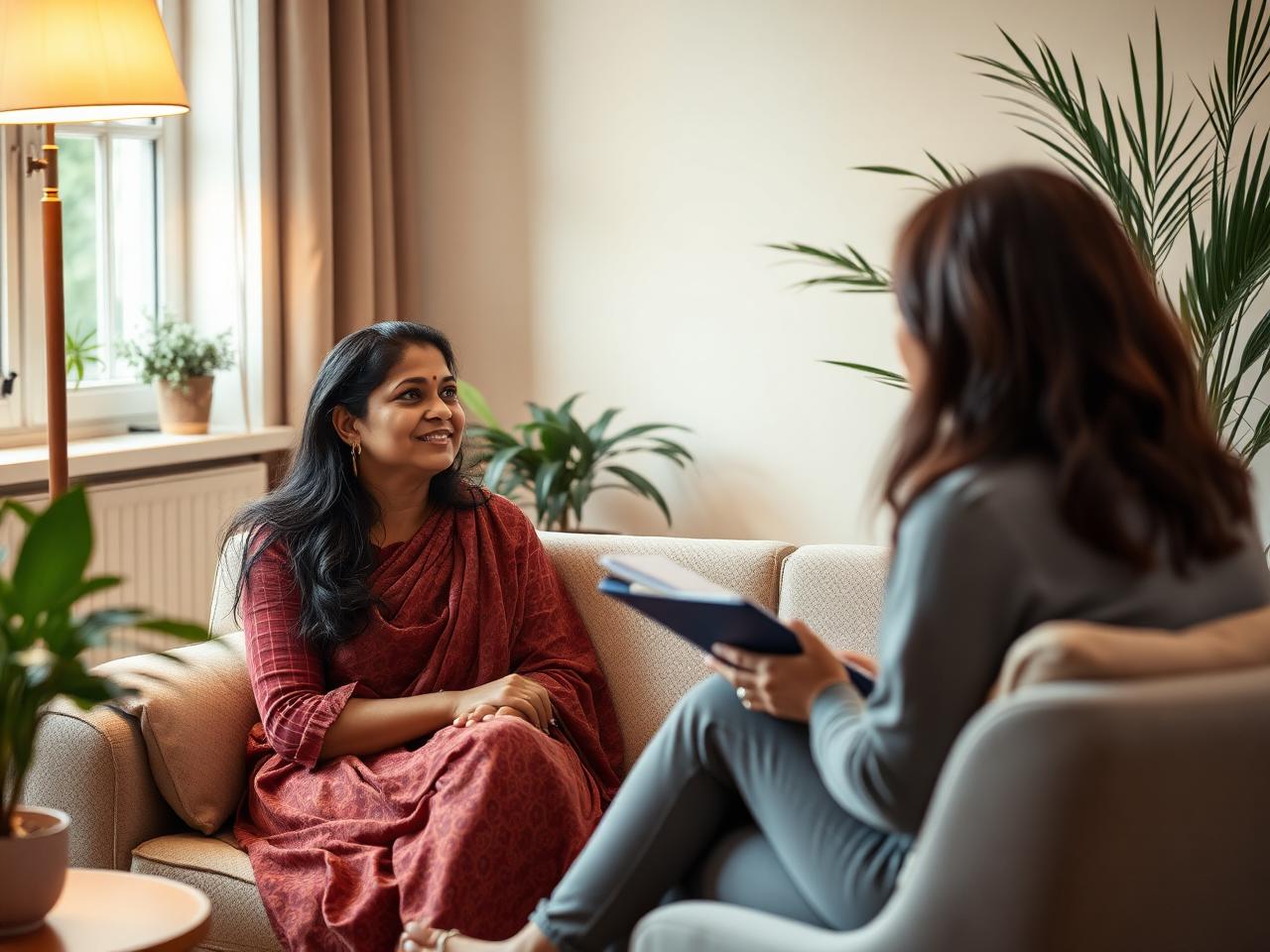 A woman speaking with a female counsellor in a calm consultation room