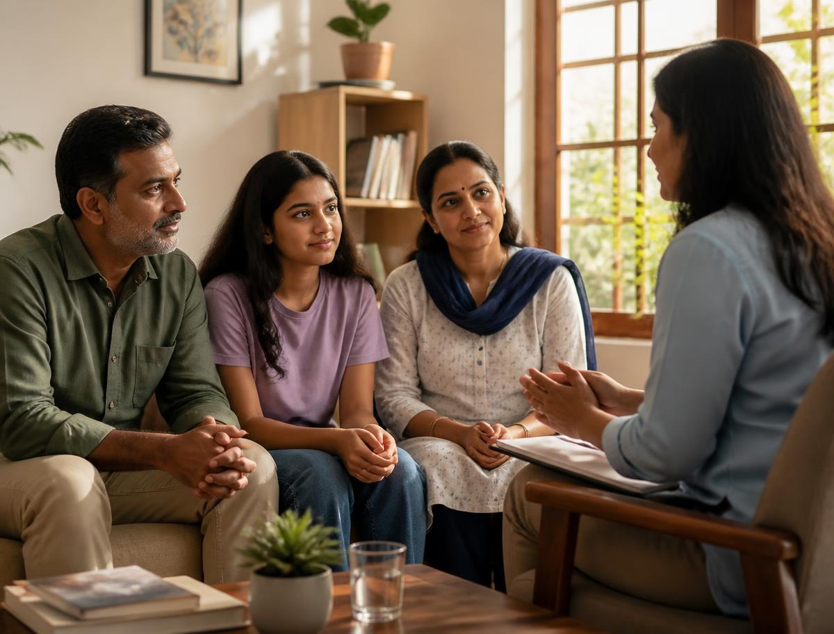 A parent and teenager talking with a counsellor