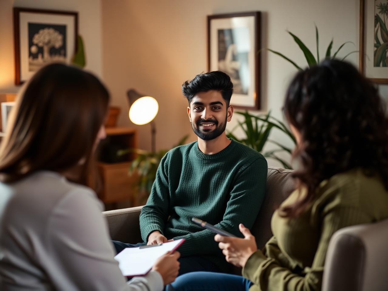 A young man in a therapy session with two counsellors