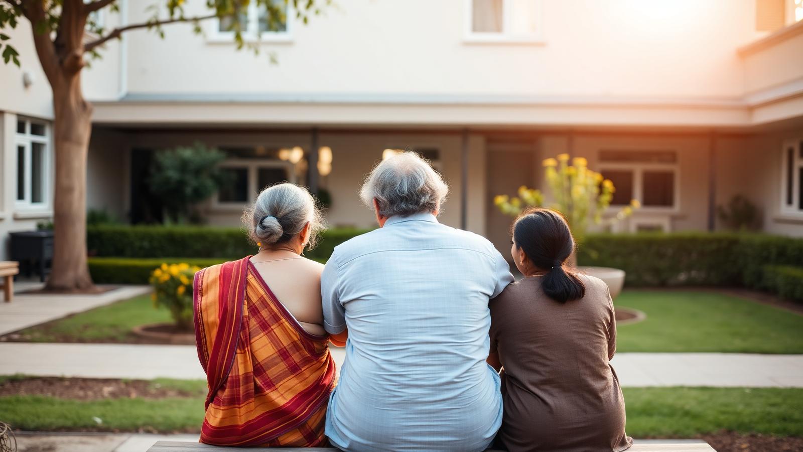 A family sitting together outside a care centre